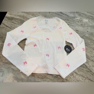 FCT Ribbed Cream Bow Embroidered Long Sleeve Top Y2K LARGE  NEW